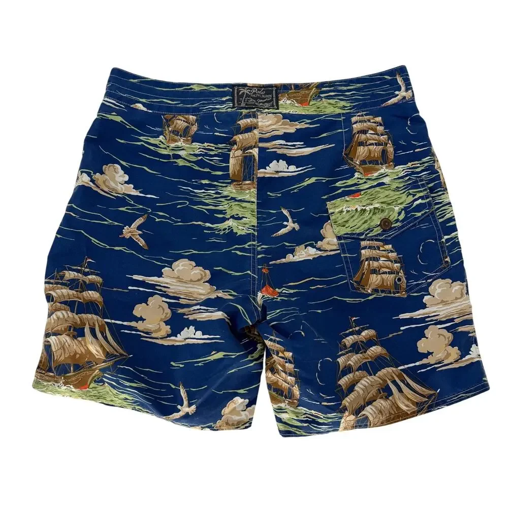 Polo Ralph Lauren Blue Swim‎ Trunks Lined Board Shorts Pirate Ship Buoy Mens 32